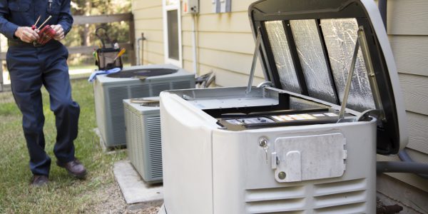 Senior Adult air conditioner Technician/Electrician  services outdoor AC unit and the Gas Generator.