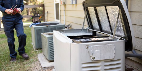 Senior Adult air conditioner Technician/Electrician  services outdoor AC unit and the Gas Generator.