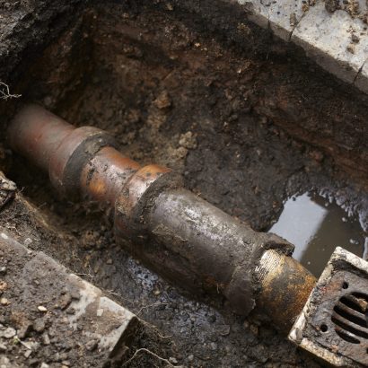 Newly exposed victorian sewerage pipe and drain prior to replacement. Shot outside at close proximity. Shot show original paving bricks and dug out hole